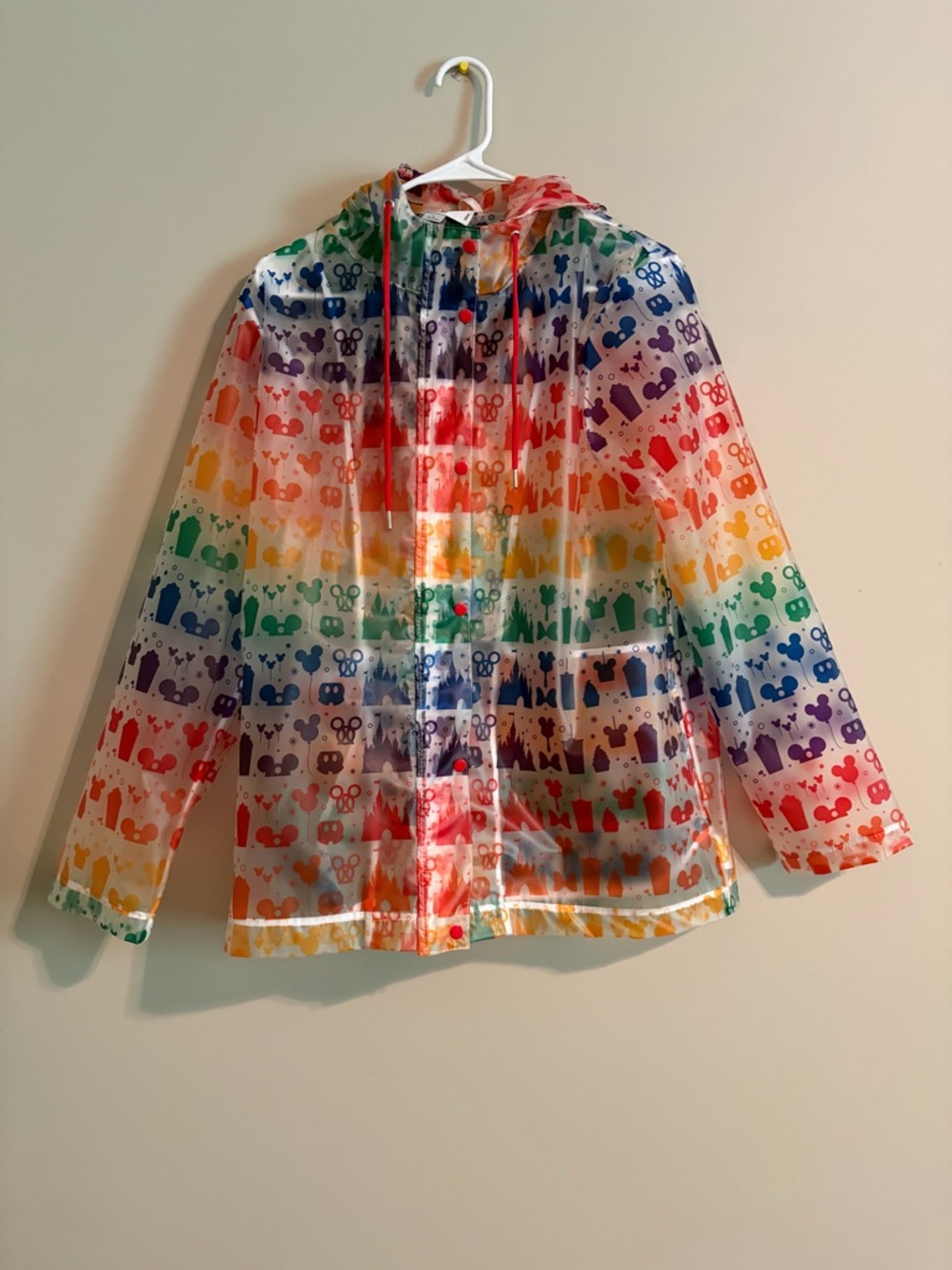 🌟RARE! 🌟 Disney Colorful Transparent Rainbow Patterned Hooded Rain Jacket